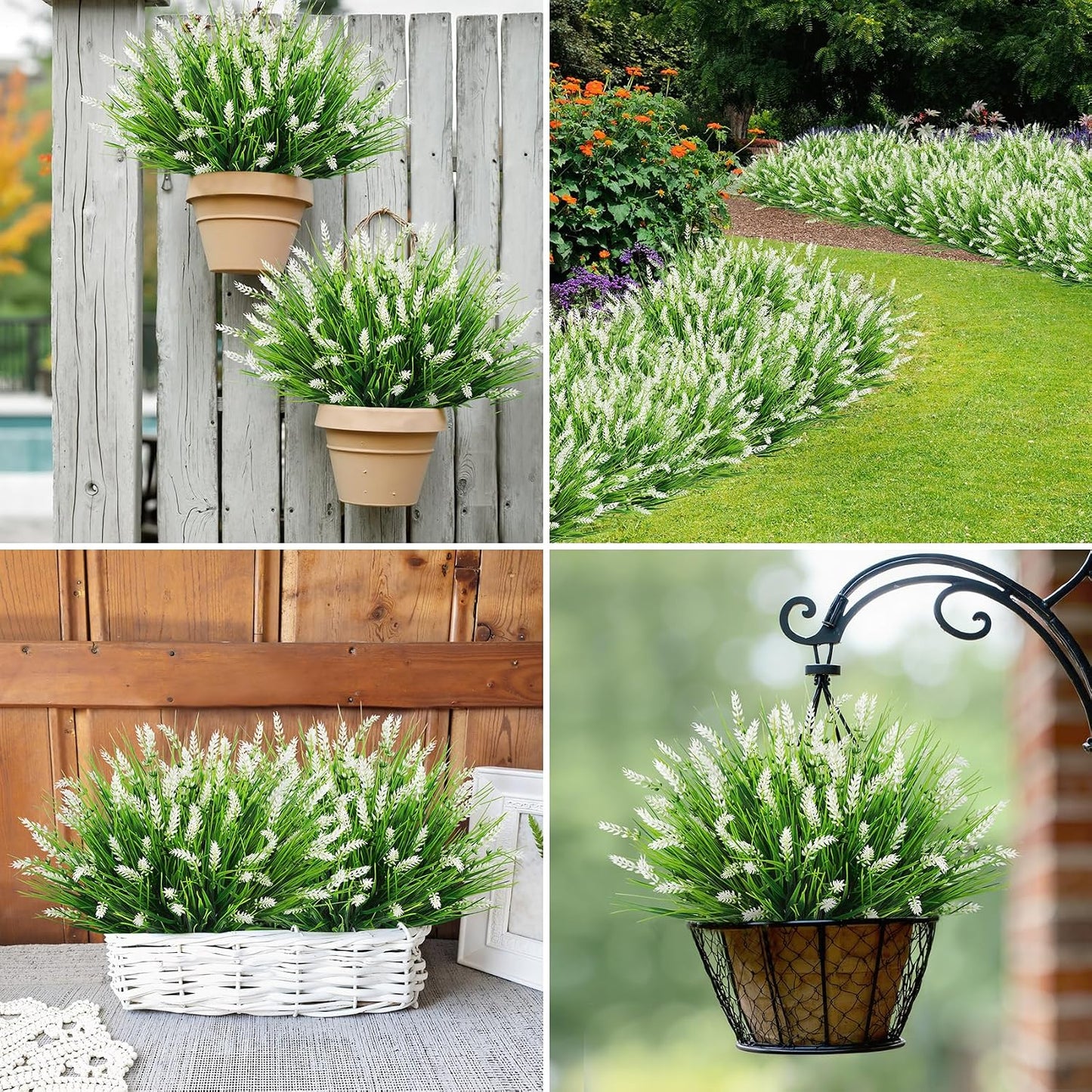 24 Bundles Fake Lavender Artificial Flowers for Outdoors, Purple | UV resistant, plastic lavender with monkey grass, faux plants, home porch garden window box outdoor indoor decorations