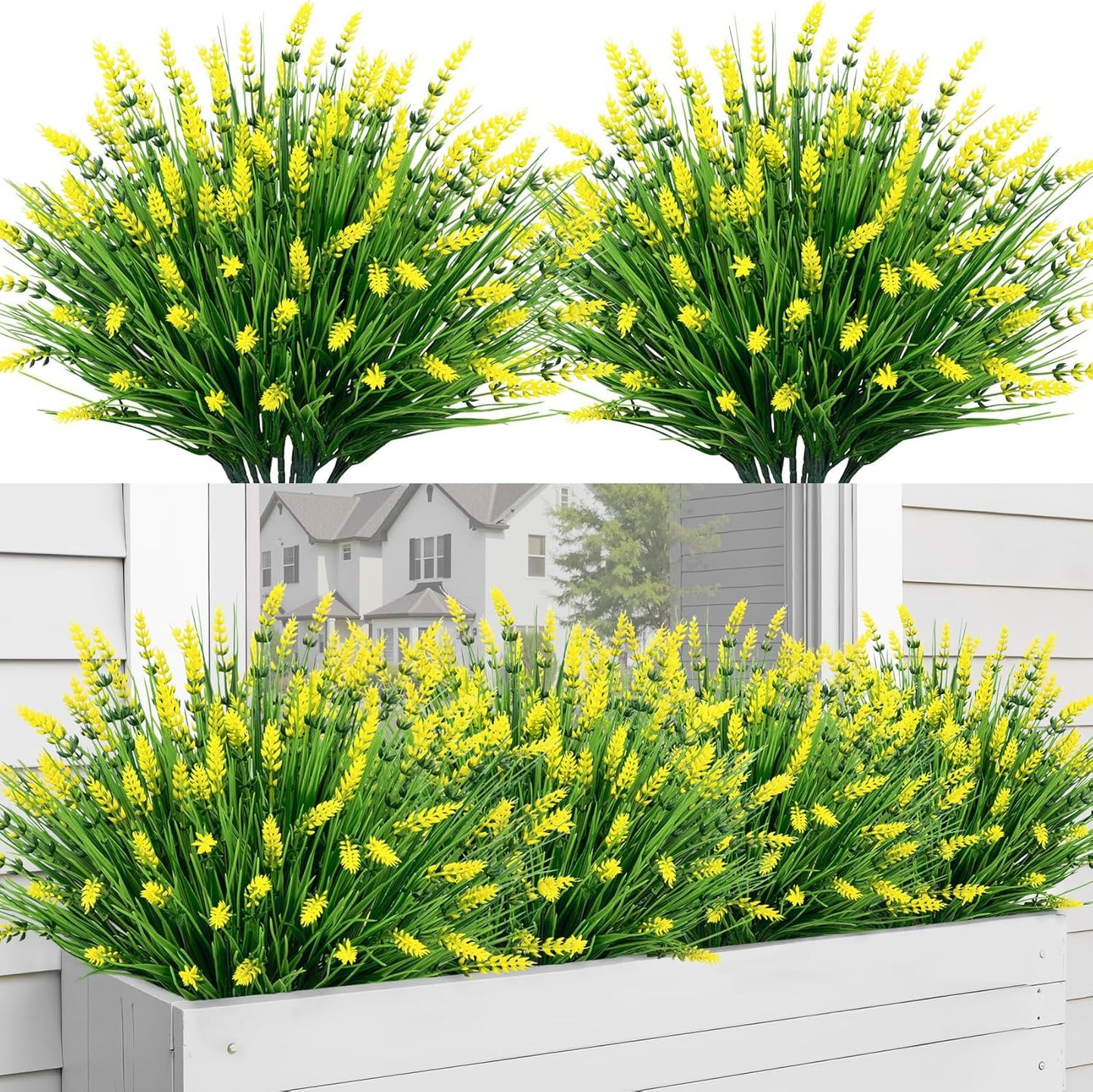 24 Bundles Fake Lavender Artificial Flowers for Outdoors, Purple | UV resistant, plastic lavender with monkey grass, faux plants, home porch garden window box outdoor indoor decorations