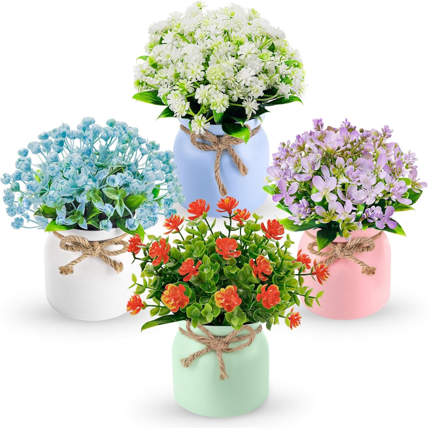 4 Pack Fake Flowers Artificial Plants in Pots, Table Home Decor | UV-resistant faux flowers, macaron pots with varied floral styles, for dining table desk kitchen and centerpiece decor indoor