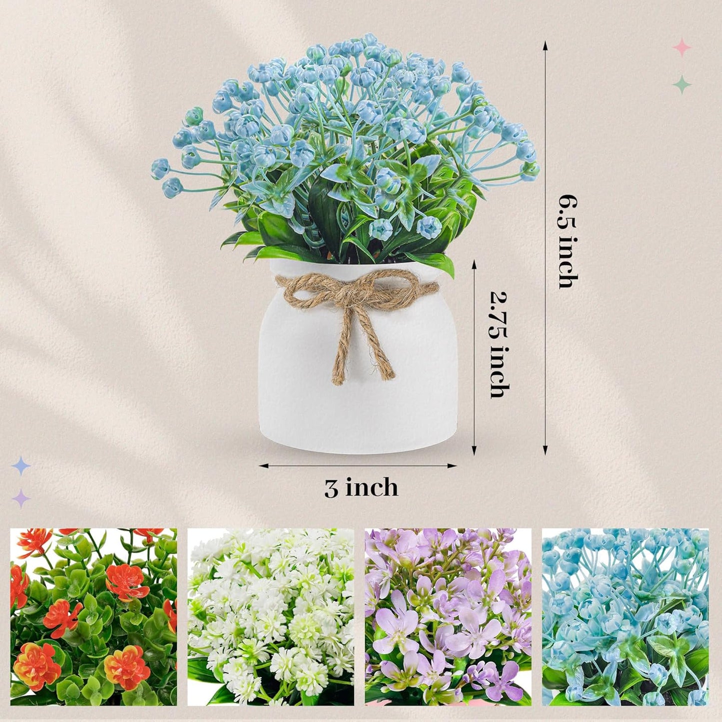 4 Pack Fake Flowers Artificial Plants in Pots, Table Home Decor | UV-resistant faux flowers, macaron pots with varied floral styles, for dining table desk kitchen and centerpiece decor indoor