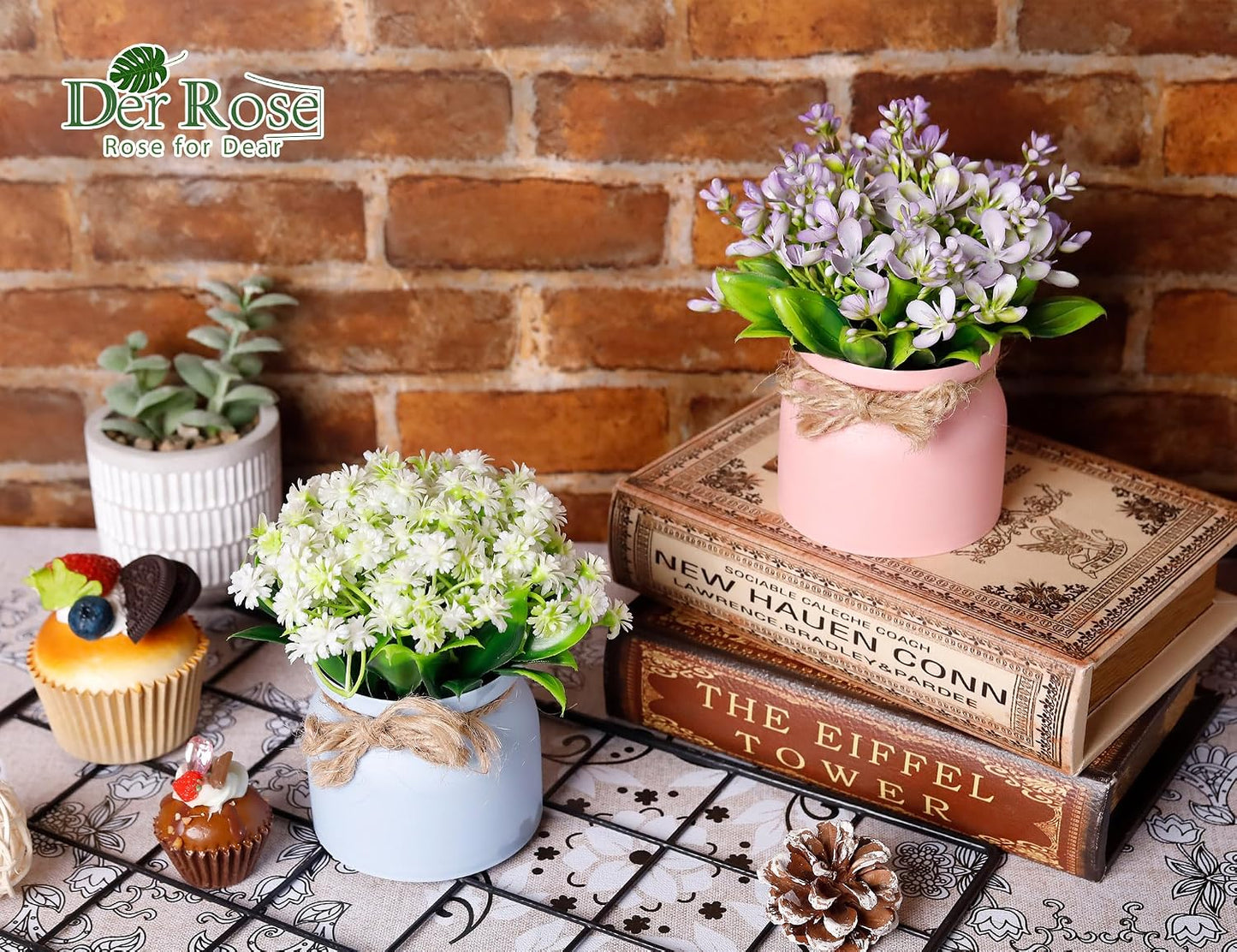 4 Pack Fake Flowers Artificial Plants in Pots, Table Home Decor | UV-resistant faux flowers, macaron pots with varied floral styles, for dining table desk kitchen and centerpiece decor indoor