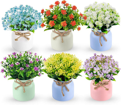 4 Pack Fake Flowers Artificial Plants in Pots, Table Home Decor | UV-resistant faux flowers, macaron pots with varied floral styles, for dining table desk kitchen and centerpiece decor indoor