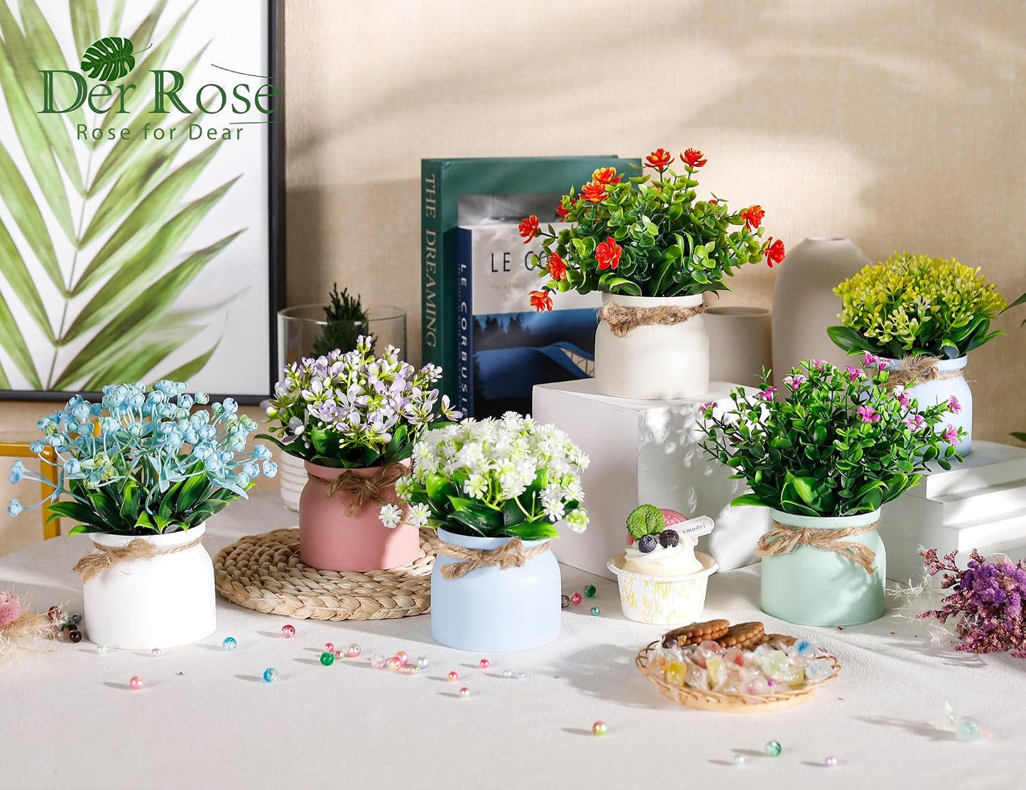 4 Pack Fake Flowers Artificial Plants in Pots, Table Home Decor | UV-resistant faux flowers, macaron pots with varied floral styles, for dining table desk kitchen and centerpiece decor indoor