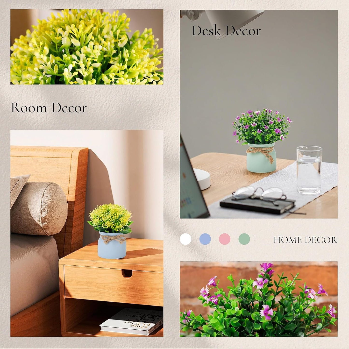 4 Pack Fake Flowers Artificial Plants in Pots, Table Home Decor | UV-resistant faux flowers, macaron pots with varied floral styles, for dining table desk kitchen and centerpiece decor indoor