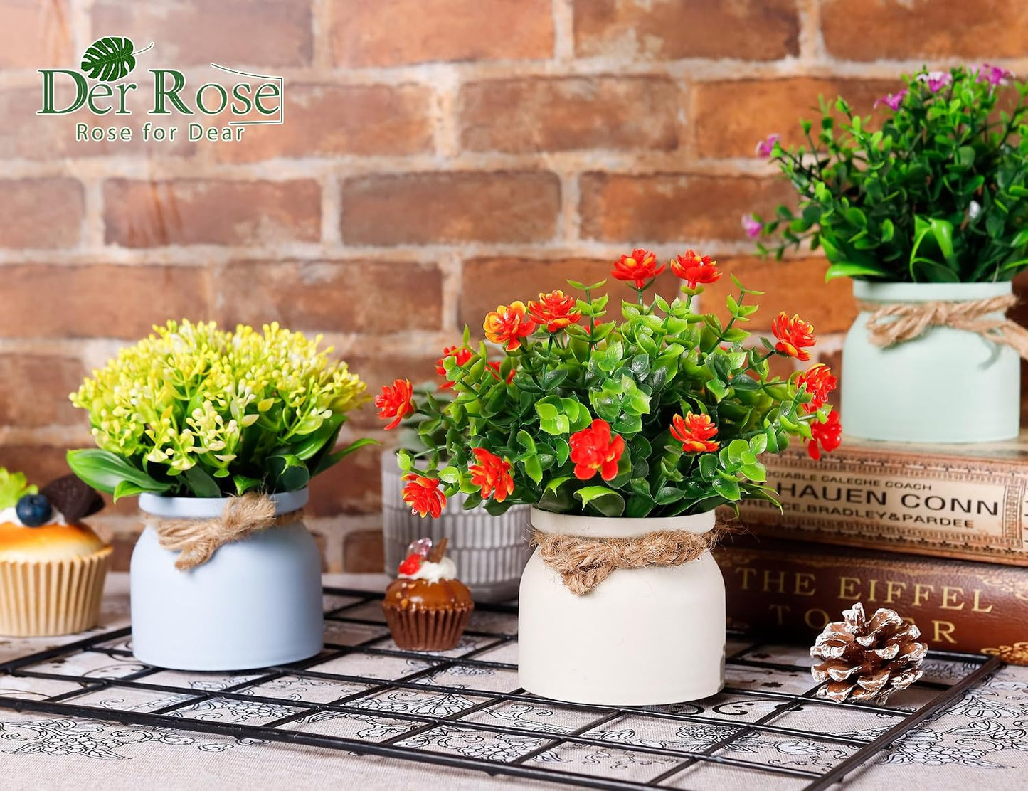 4 Pack Fake Flowers Artificial Plants in Pots, Table Home Decor | UV-resistant faux flowers, macaron pots with varied floral styles, for dining table desk kitchen and centerpiece decor indoor
