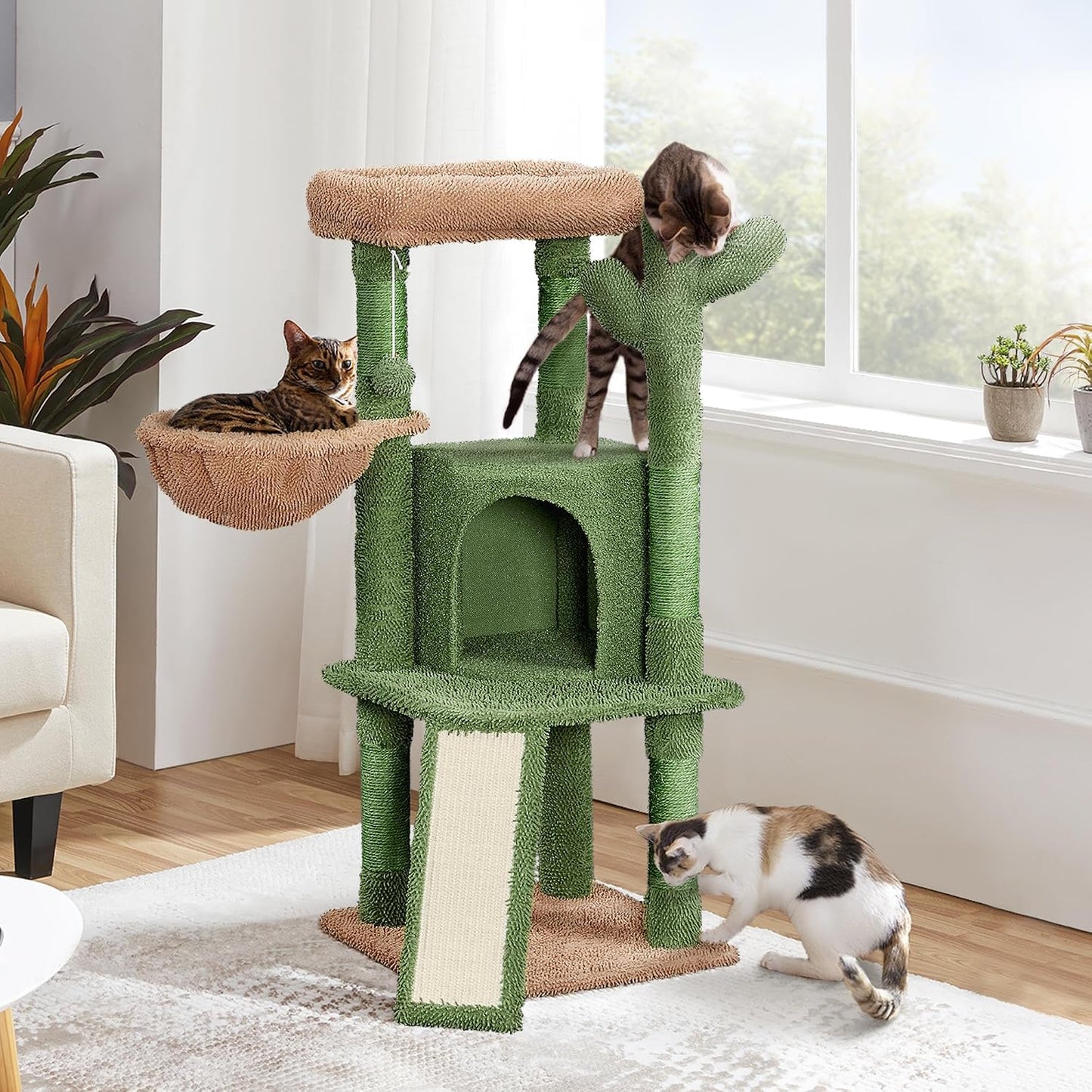 42″ H Cactus Cat Tree,Cute Cat Tower w/Scratching Posts,Indoor Cats Furniture Pet Activity Center Play House w/Platform/Condo/Basket&Hanging Ball