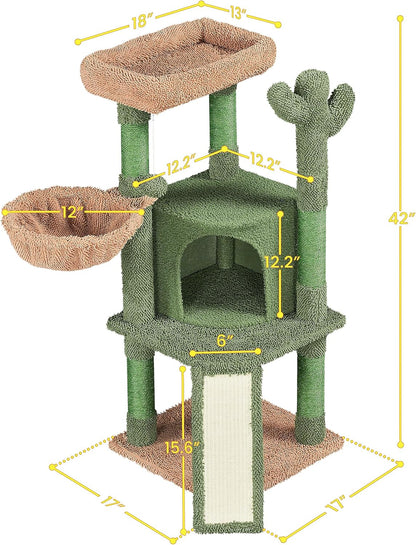 42″ H Cactus Cat Tree,Cute Cat Tower w/Scratching Posts,Indoor Cats Furniture Pet Activity Center Play House w/Platform/Condo/Basket&Hanging Ball