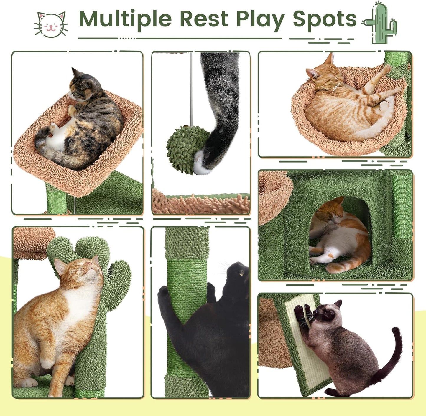 42″ H Cactus Cat Tree,Cute Cat Tower w/Scratching Posts,Indoor Cats Furniture Pet Activity Center Play House w/Platform/Condo/Basket&Hanging Ball
