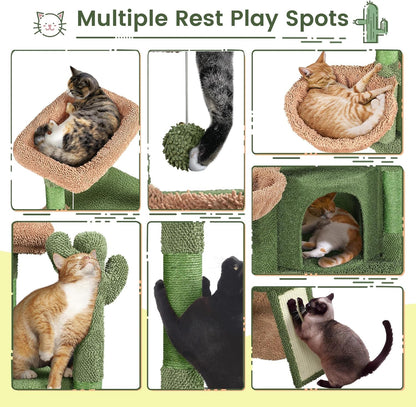 42″ H Cactus Cat Tree,Cute Cat Tower w/Scratching Posts,Indoor Cats Furniture Pet Activity Center Play House w/Platform/Condo/Basket&Hanging Ball