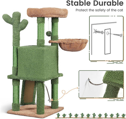 42″ H Cactus Cat Tree,Cute Cat Tower w/Scratching Posts,Indoor Cats Furniture Pet Activity Center Play House w/Platform/Condo/Basket&Hanging Ball