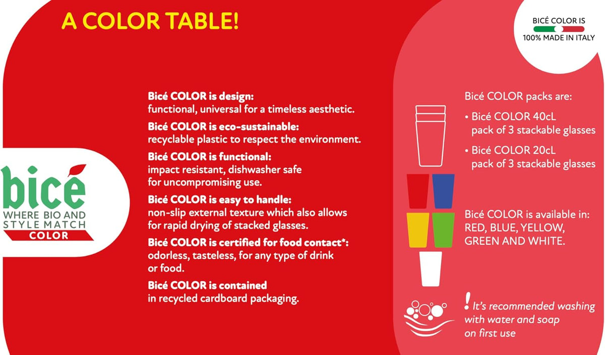 BiceColor Drinking Cups, Dishwasher Safe, Unbreakable, Environment-Friendly | 100% Recyclable Tumbler reduces ecological footprint | Made in Italy, 20cl, Yellow (Pack of 3)