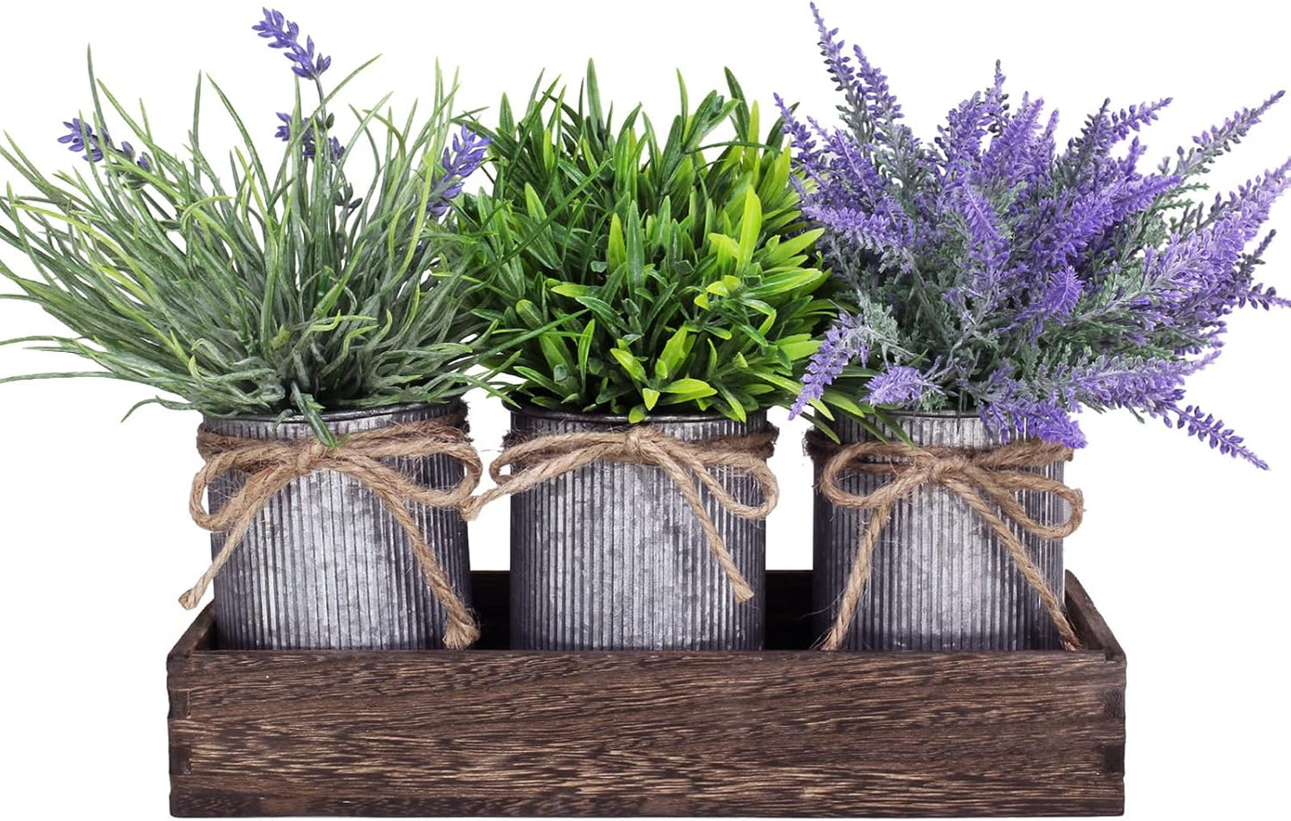 Set of 3 Small Potted Plants Arrangement Artificial Lavender and Grass Plants in Rustic Galvanized Metal Pots with Decorative Wood Tray for Farmhouse Table Centerpiece Windowsill Indoor Greenery Decor