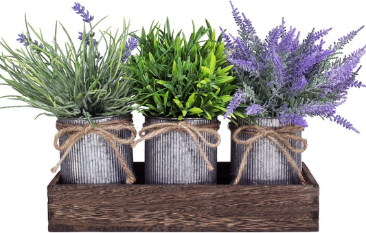 Set of 3 Small Potted Plants Arrangement Artificial Lavender and Grass Plants in Rustic Galvanized Metal Pots with Decorative Wood Tray for Farmhouse Table Centerpiece Windowsill Indoor Greenery Decor