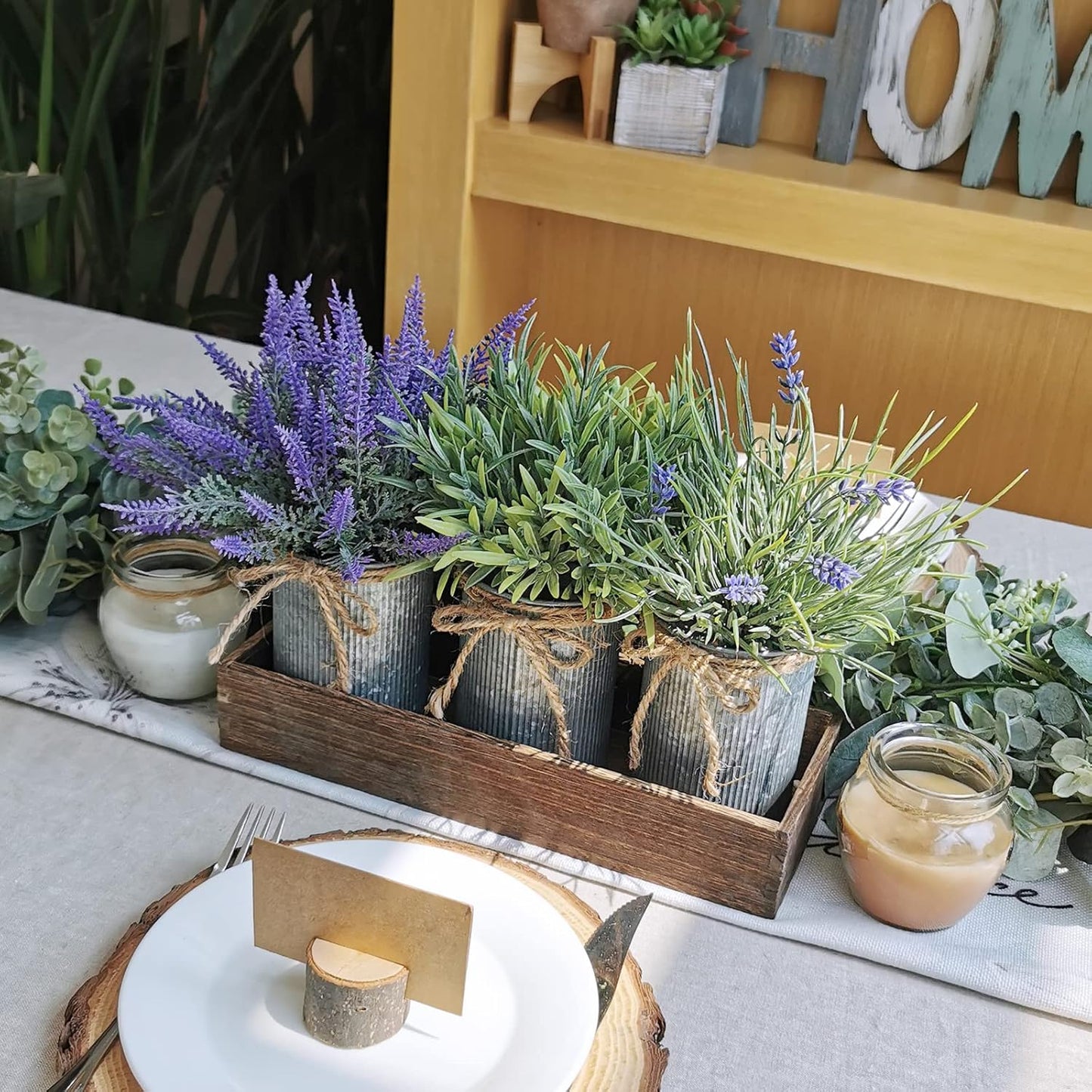 Set of 3 Small Potted Plants Arrangement Artificial Lavender and Grass Plants in Rustic Galvanized Metal Pots with Decorative Wood Tray for Farmhouse Table Centerpiece Windowsill Indoor Greenery Decor