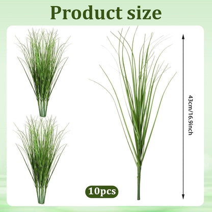 10 Pcs 17 Inch Tall Artificial Plants, Fake Wheat Grass Greenery Stems, Faux Shrubs Onion Grass, UV Resistant Plastic Tall Grasss for Vase Filler Bouquet Indoor Outdoor Home Decor (Green)