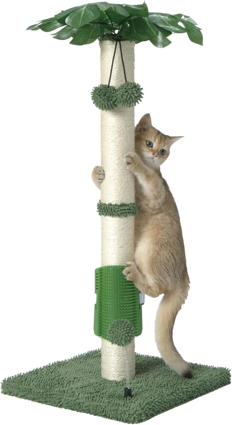 Cat Scartching Post，30-inch Cute Scartching Posts for Indoor Cats and Kittens,Natural Sisal Rope and Hanging Ball Toy, Self-Grooming Brush,Green