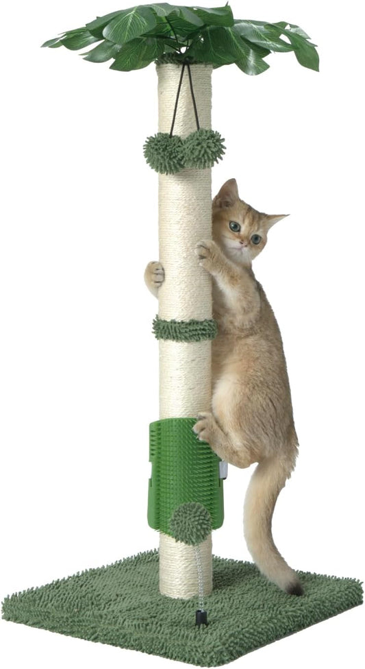 Cat Scartching Post，30-inch Cute Scartching Posts for Indoor Cats and Kittens,Natural Sisal Rope and Hanging Ball Toy, Self-Grooming Brush,Green