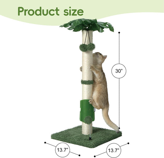 Cat Scartching Post，30-inch Cute Scartching Posts for Indoor Cats and Kittens,Natural Sisal Rope and Hanging Ball Toy, Self-Grooming Brush,Green