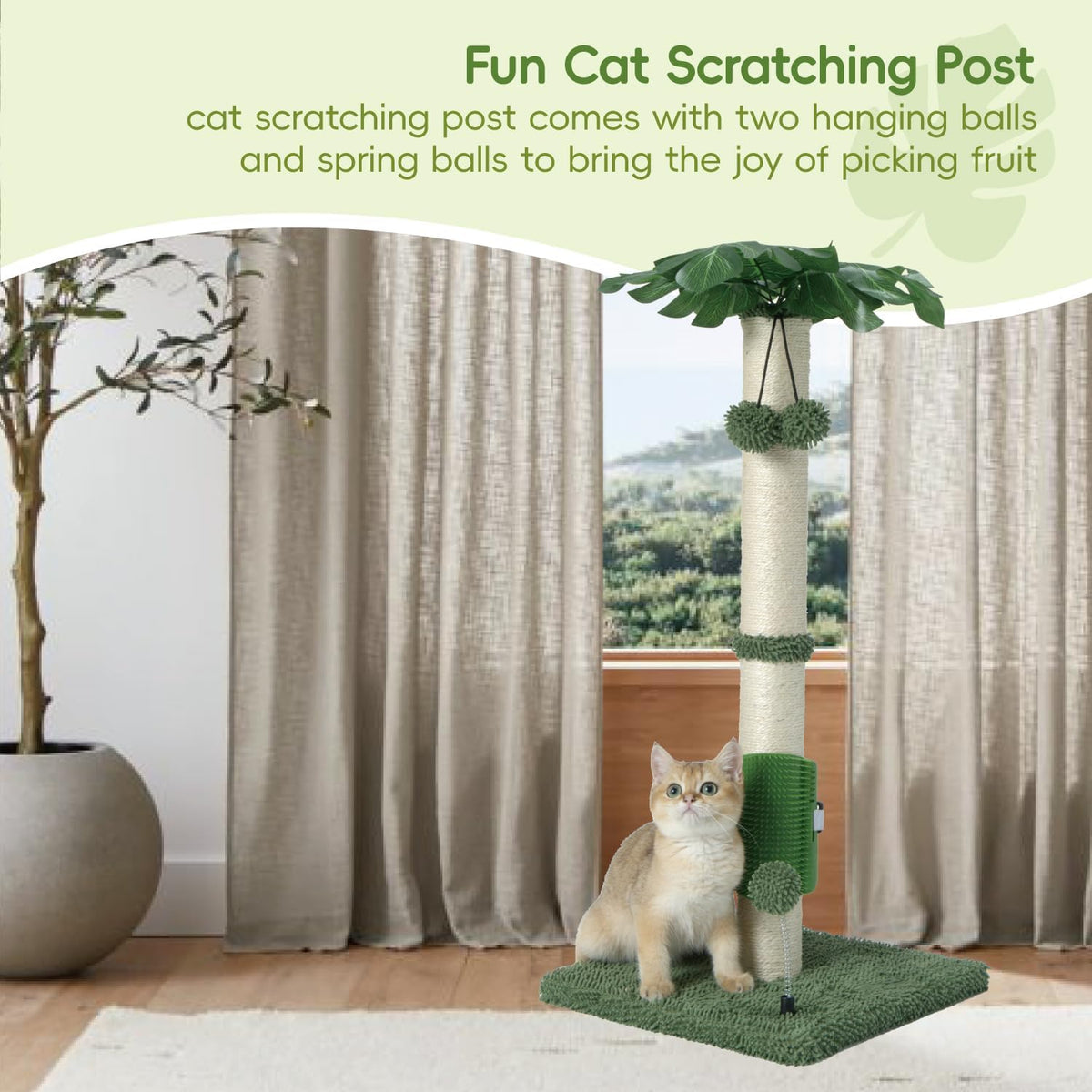 Cat Scartching Post，30-inch Cute Scartching Posts for Indoor Cats and Kittens,Natural Sisal Rope and Hanging Ball Toy, Self-Grooming Brush,Green
