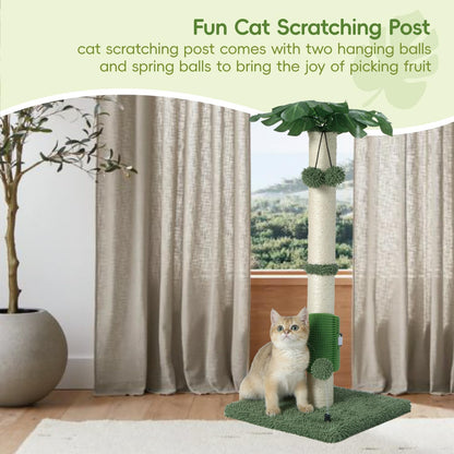 Cat Scartching Post，30-inch Cute Scartching Posts for Indoor Cats and Kittens,Natural Sisal Rope and Hanging Ball Toy, Self-Grooming Brush,Green