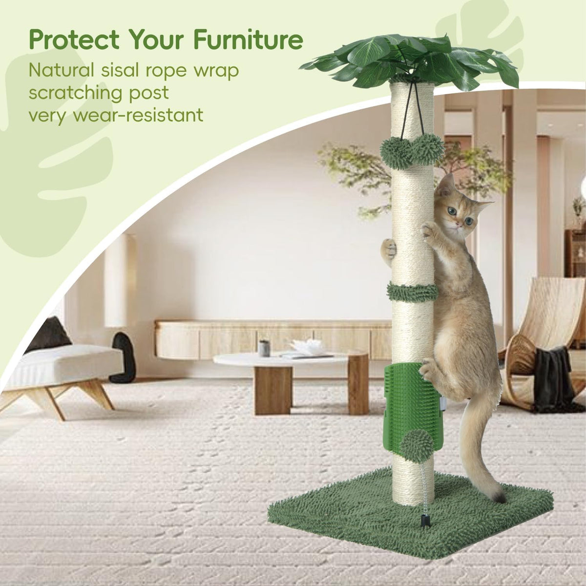 Cat Scartching Post，30-inch Cute Scartching Posts for Indoor Cats and Kittens,Natural Sisal Rope and Hanging Ball Toy, Self-Grooming Brush,Green