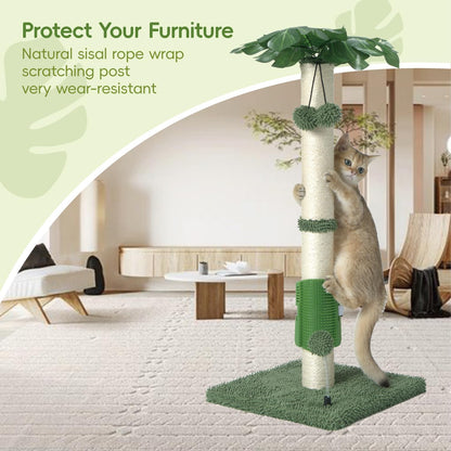 Cat Scartching Post，30-inch Cute Scartching Posts for Indoor Cats and Kittens,Natural Sisal Rope and Hanging Ball Toy, Self-Grooming Brush,Green