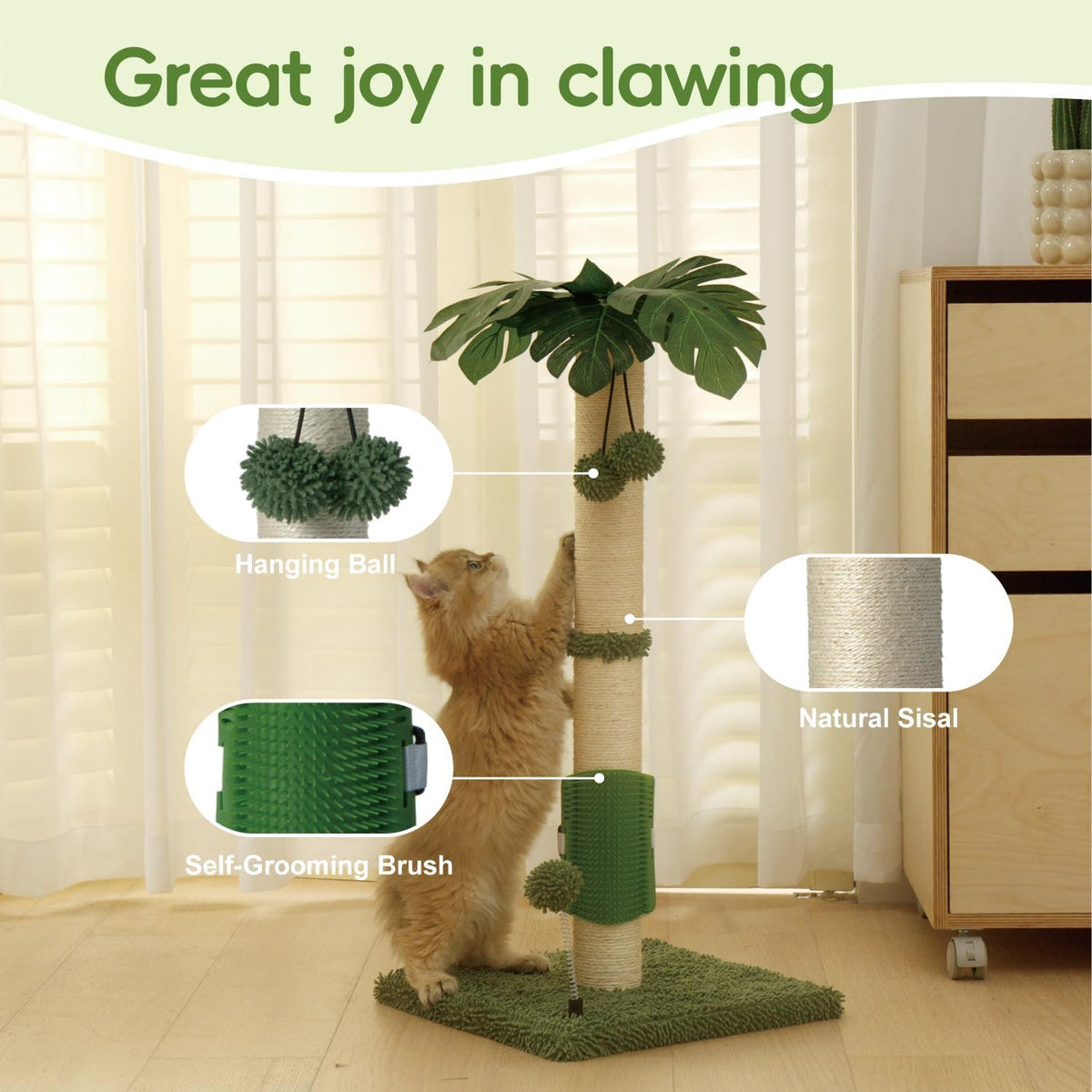 Cat Scartching Post，30-inch Cute Scartching Posts for Indoor Cats and Kittens,Natural Sisal Rope and Hanging Ball Toy, Self-Grooming Brush,Green