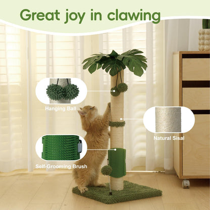 Cat Scartching Post，30-inch Cute Scartching Posts for Indoor Cats and Kittens,Natural Sisal Rope and Hanging Ball Toy, Self-Grooming Brush,Green