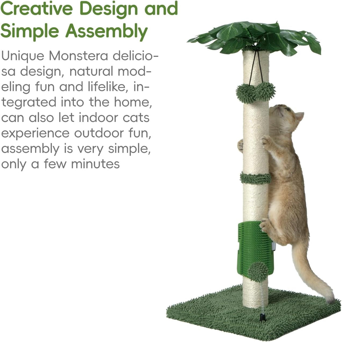 Cat Scartching Post，30-inch Cute Scartching Posts for Indoor Cats and Kittens,Natural Sisal Rope and Hanging Ball Toy, Self-Grooming Brush,Green