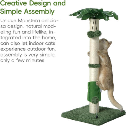Cat Scartching Post，30-inch Cute Scartching Posts for Indoor Cats and Kittens,Natural Sisal Rope and Hanging Ball Toy, Self-Grooming Brush,Green
