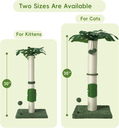 Cat Scartching Post，30-inch Cute Scartching Posts for Indoor Cats and Kittens,Natural Sisal Rope and Hanging Ball Toy, Self-Grooming Brush,Green