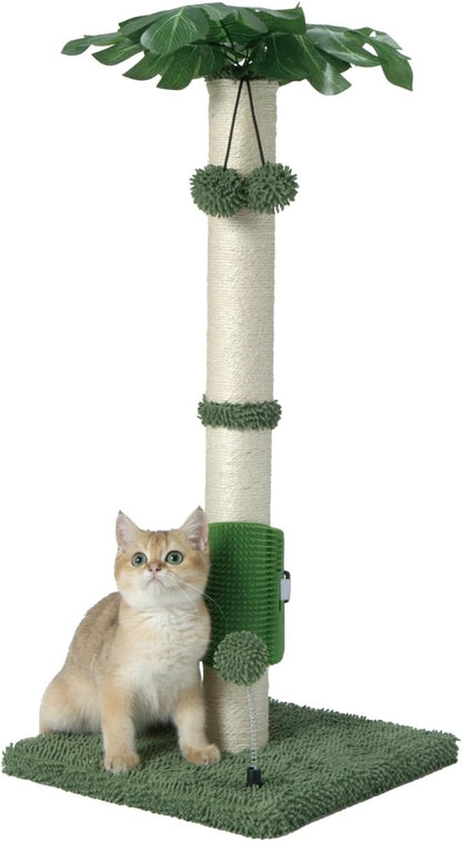 Cat Scartching Post，30-inch Cute Scartching Posts for Indoor Cats and Kittens,Natural Sisal Rope and Hanging Ball Toy, Self-Grooming Brush,Green