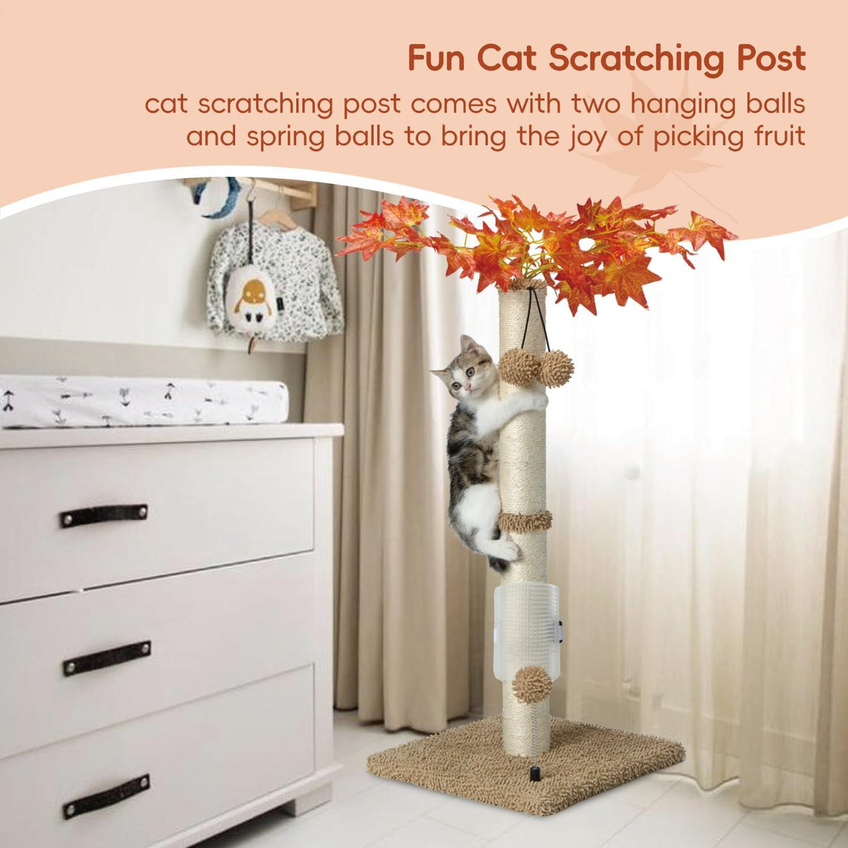 Cat Scartching Post，30-inch Cute Scartching Posts for Indoor Cats and Kittens,Natural Sisal Rope and Hanging Ball Toy, Self-Grooming Brush,Green