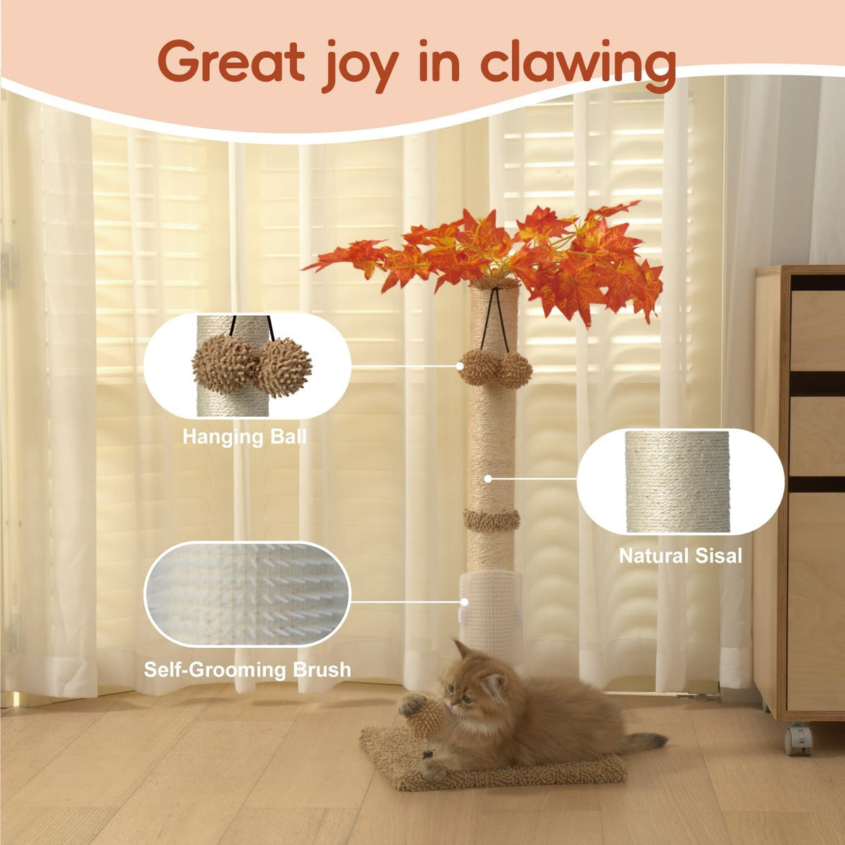 Cat Scartching Post，30-inch Cute Scartching Posts for Indoor Cats and Kittens,Natural Sisal Rope and Hanging Ball Toy, Self-Grooming Brush,Green