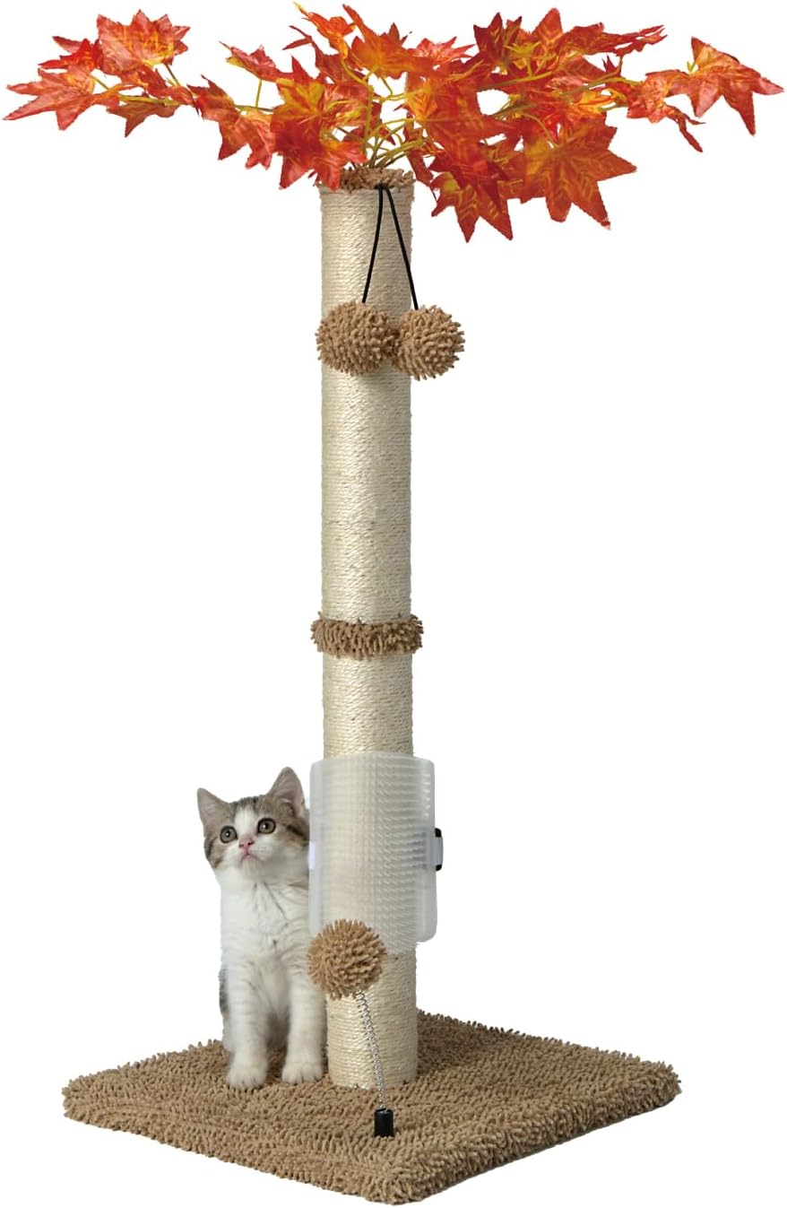 Cat Scartching Post，30-inch Cute Scartching Posts for Indoor Cats and Kittens,Natural Sisal Rope and Hanging Ball Toy, Self-Grooming Brush,Green