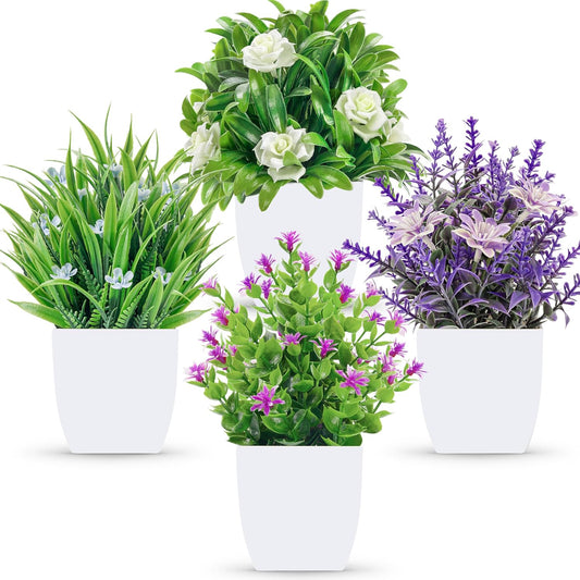 4 Pack Fake Flowers Fake Plants for Spring Office Desk Decor | UV-resistant, weather and fade-resistant, cute plants for desk bathroom bedroom kitchen office decor, fresh year-round