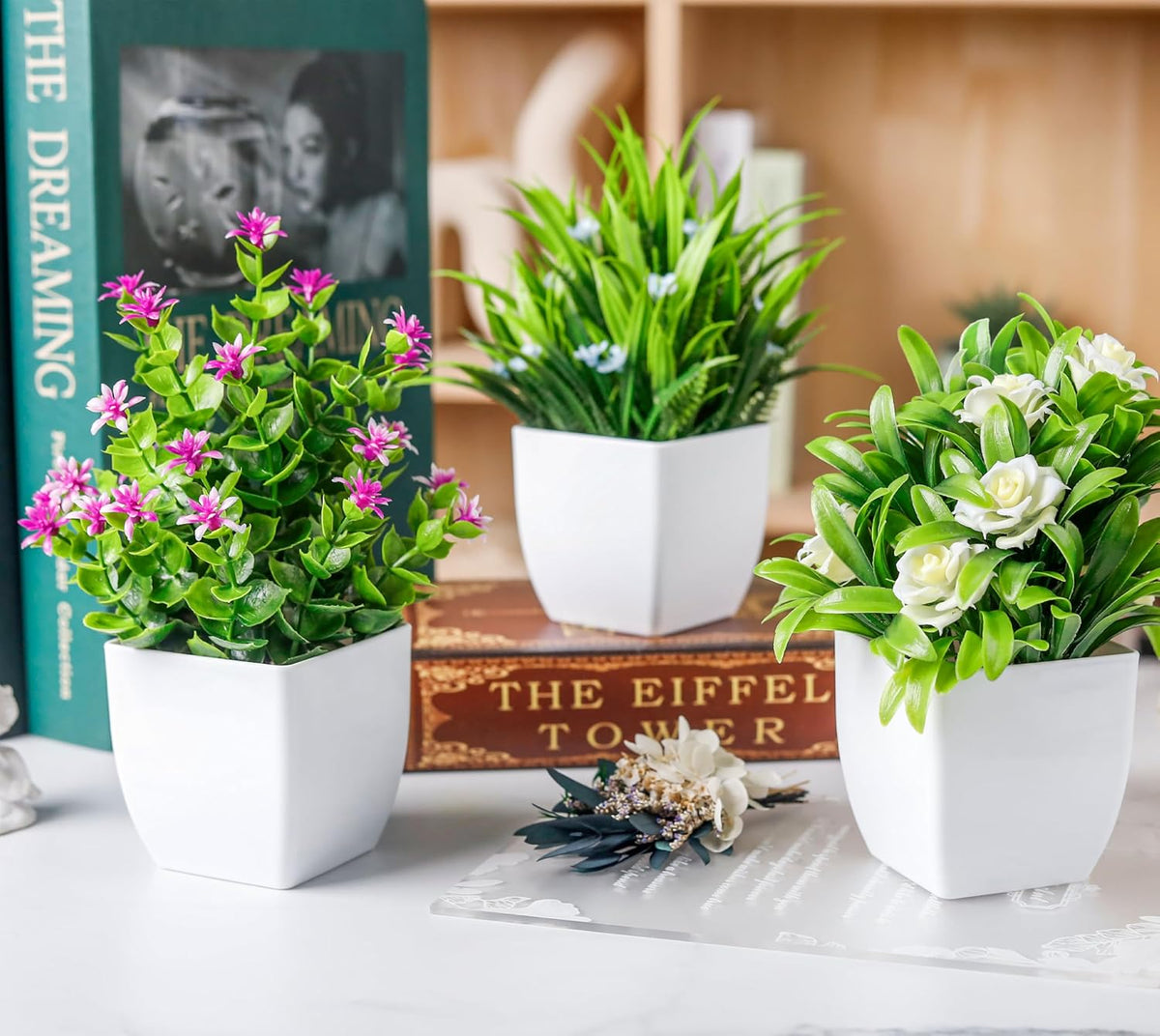 4 Pack Fake Flowers Fake Plants for Spring Office Desk Decor | UV-resistant, weather and fade-resistant, cute plants for desk bathroom bedroom kitchen office decor, fresh year-round