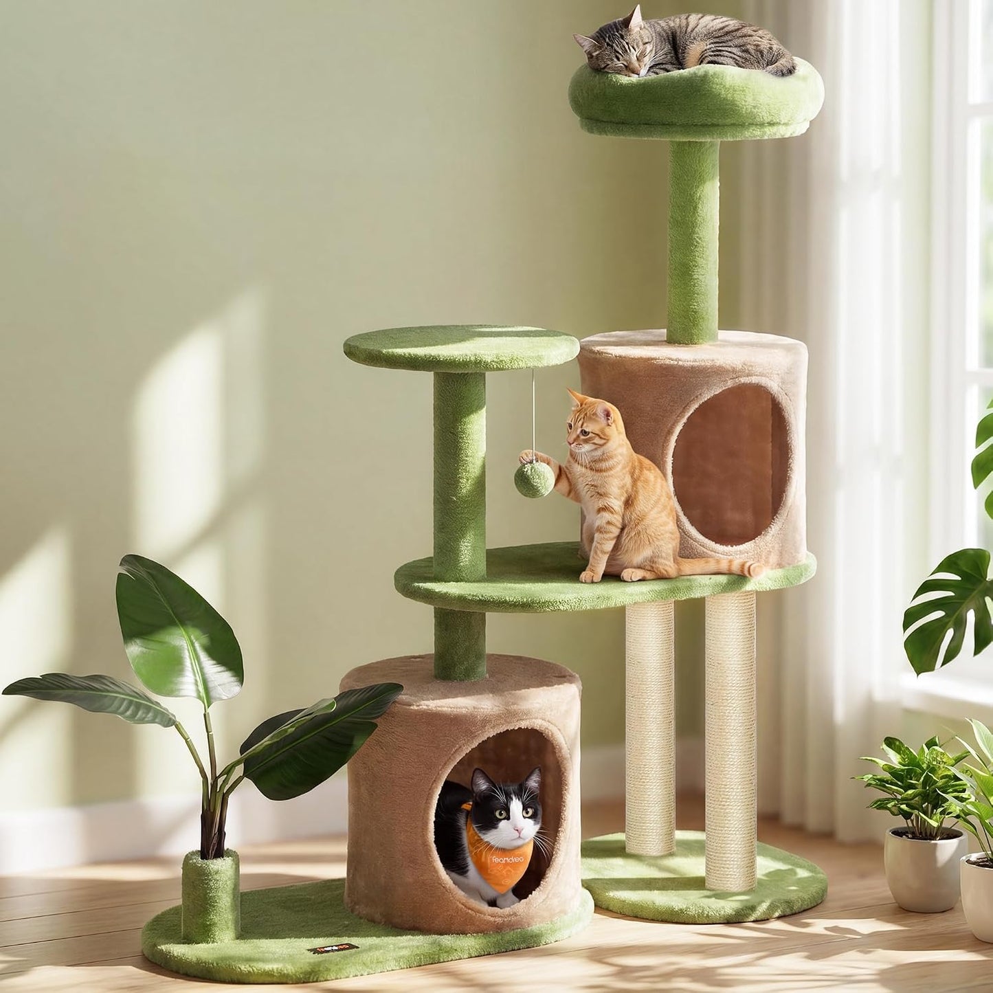 Feandrea Cat Tree, 68.1-Inch Tall Cat Tower, Multi-Level Plush Condo with Artificial Leaves, 3 Scratching Posts, 2 Pompoms with Bells, Grass Green and Camel Brown UPCT330C01