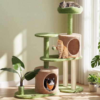 Feandrea Cat Tree, 68.1-Inch Tall Cat Tower, Multi-Level Plush Condo with Artificial Leaves, 3 Scratching Posts, 2 Pompoms with Bells, Grass Green and Camel Brown UPCT330C01