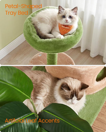 Feandrea Cat Tree, 68.1-Inch Tall Cat Tower, Multi-Level Plush Condo with Artificial Leaves, 3 Scratching Posts, 2 Pompoms with Bells, Grass Green and Camel Brown UPCT330C01