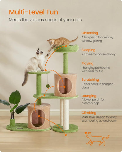 Feandrea Cat Tree, 68.1-Inch Tall Cat Tower, Multi-Level Plush Condo with Artificial Leaves, 3 Scratching Posts, 2 Pompoms with Bells, Grass Green and Camel Brown UPCT330C01