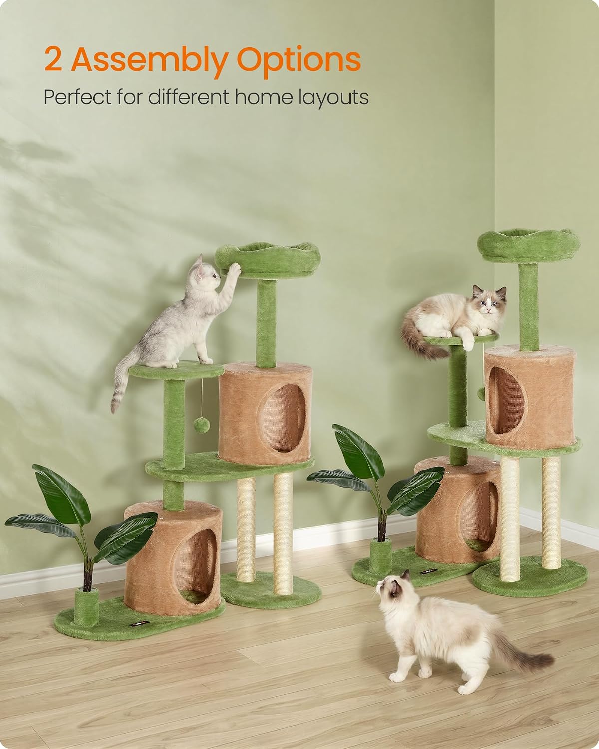 Feandrea Cat Tree, 68.1-Inch Tall Cat Tower, Multi-Level Plush Condo with Artificial Leaves, 3 Scratching Posts, 2 Pompoms with Bells, Grass Green and Camel Brown UPCT330C01
