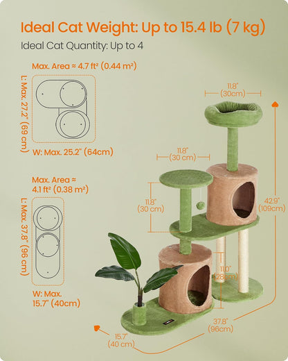 Feandrea Cat Tree, 68.1-Inch Tall Cat Tower, Multi-Level Plush Condo with Artificial Leaves, 3 Scratching Posts, 2 Pompoms with Bells, Grass Green and Camel Brown UPCT330C01