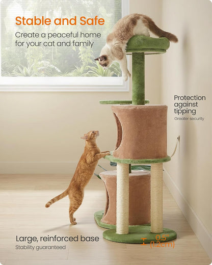 Feandrea Cat Tree, 68.1-Inch Tall Cat Tower, Multi-Level Plush Condo with Artificial Leaves, 3 Scratching Posts, 2 Pompoms with Bells, Grass Green and Camel Brown UPCT330C01