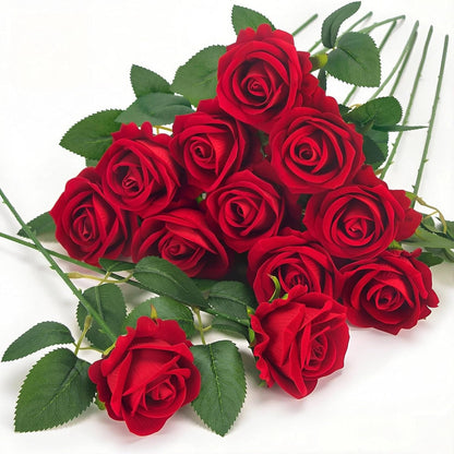 12 Pcs Red Roses Artificial Flowers, Real Touch Fake Velvet Flowers with Stems in Bulk for DIY Home Decor, Wedding, Party, Mother's/Valentine's Day Gifts