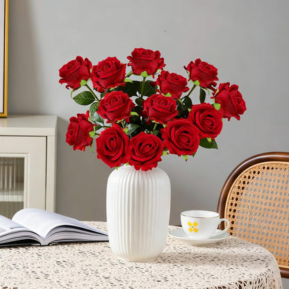 12 Pcs Red Roses Artificial Flowers, Real Touch Fake Velvet Flowers with Stems in Bulk for DIY Home Decor, Wedding, Party, Mother's/Valentine's Day Gifts