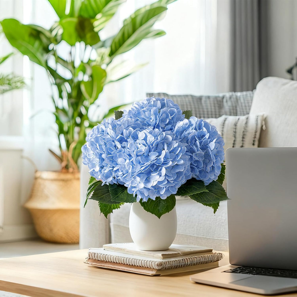 4 Pcs Blue Artificial Hydrangea Flowers with Stems, Faux Bouquet