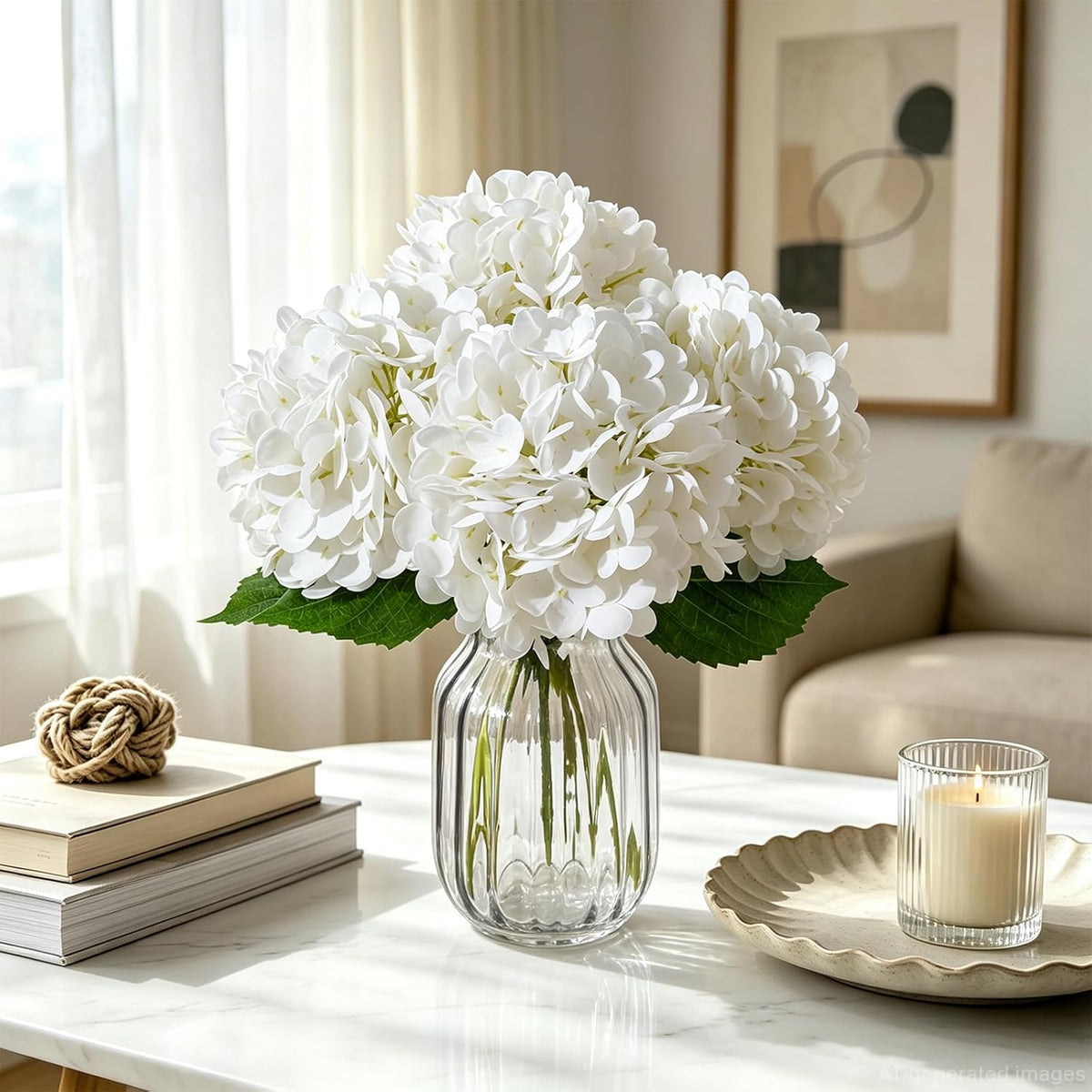 4 Pcs Blue Artificial Hydrangea Flowers with Stems, Faux Bouquet