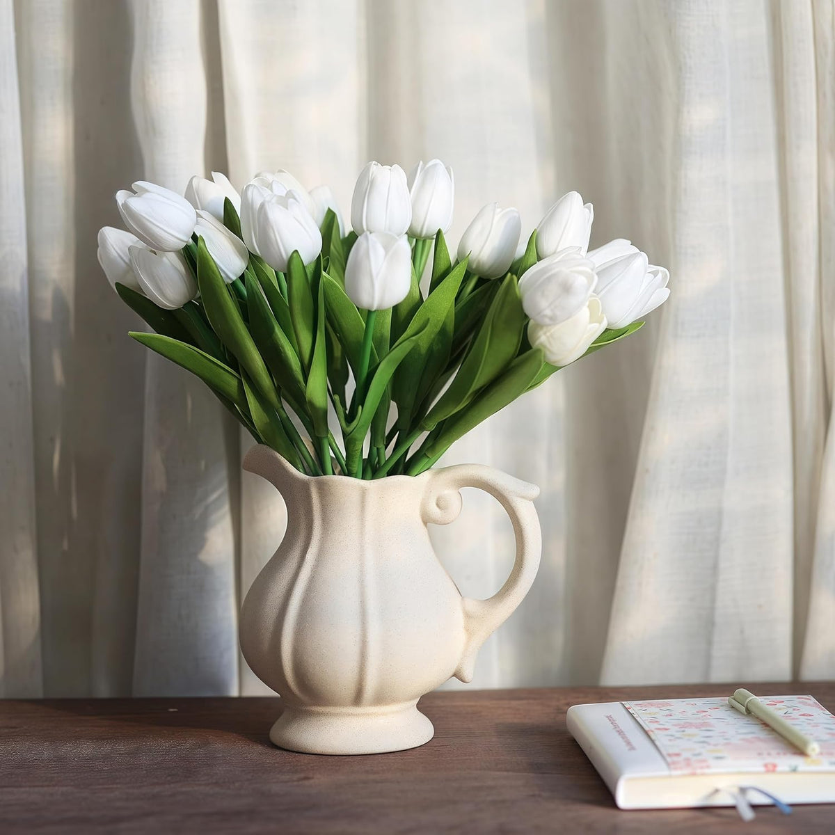20 PCS Tulips Artificial Flowers, Real Touch Fake Flowers, White Artificial Tulips That Look Real Wedding Decorations Mother's Day Easter Gifts (20, White)