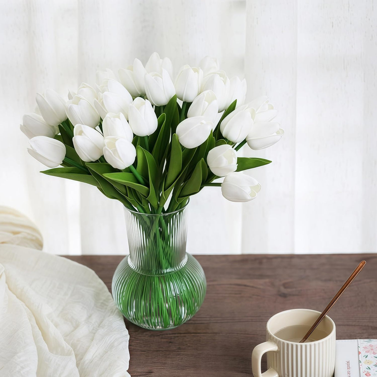 20 PCS Tulips Artificial Flowers, Real Touch Fake Flowers, White Artificial Tulips That Look Real Wedding Decorations Mother's Day Easter Gifts (20, White)
